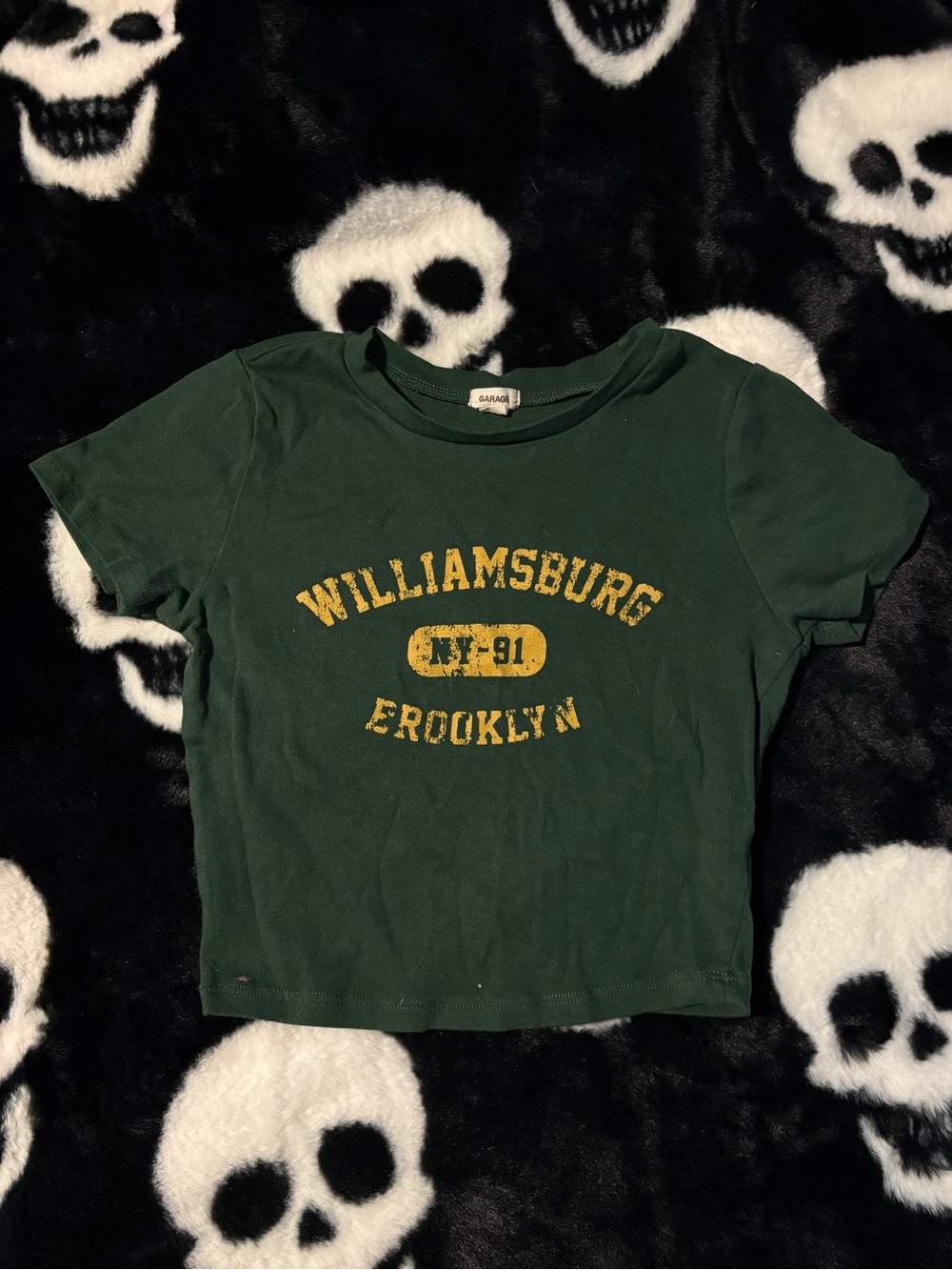 Garage Dark Green Crop Tee with Distressed Yellow Williamsburg Print